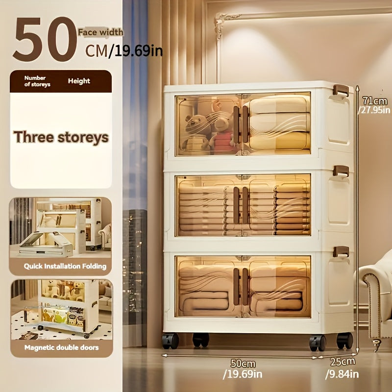Organizador de Armazenamento Dobrável Multifuncional de 3/4/5 Camadas com Rodas, Design de Porta Dupla Magnética, Forma Retangular de Plástico Impermeável, Sem Montagem Necessária, para Sala de Estar, Quarto, Escritório, Roupas, Brinquedos, Livros