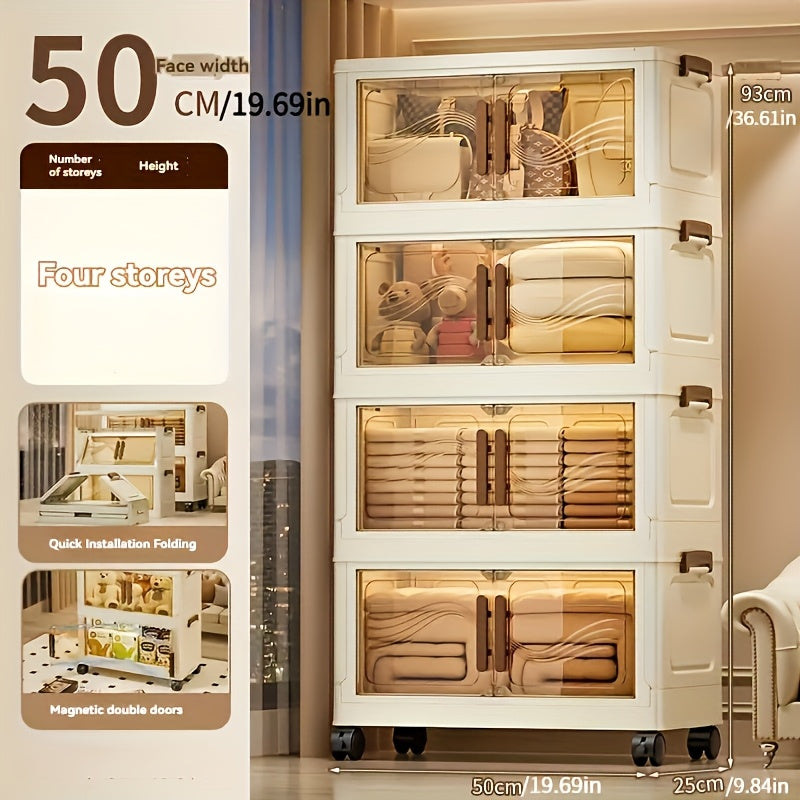 Organizador de Armazenamento Dobrável Multifuncional de 3/4/5 Camadas com Rodas, Design de Porta Dupla Magnética, Forma Retangular de Plástico Impermeável, Sem Montagem Necessária, para Sala de Estar, Quarto, Escritório, Roupas, Brinquedos, Livros