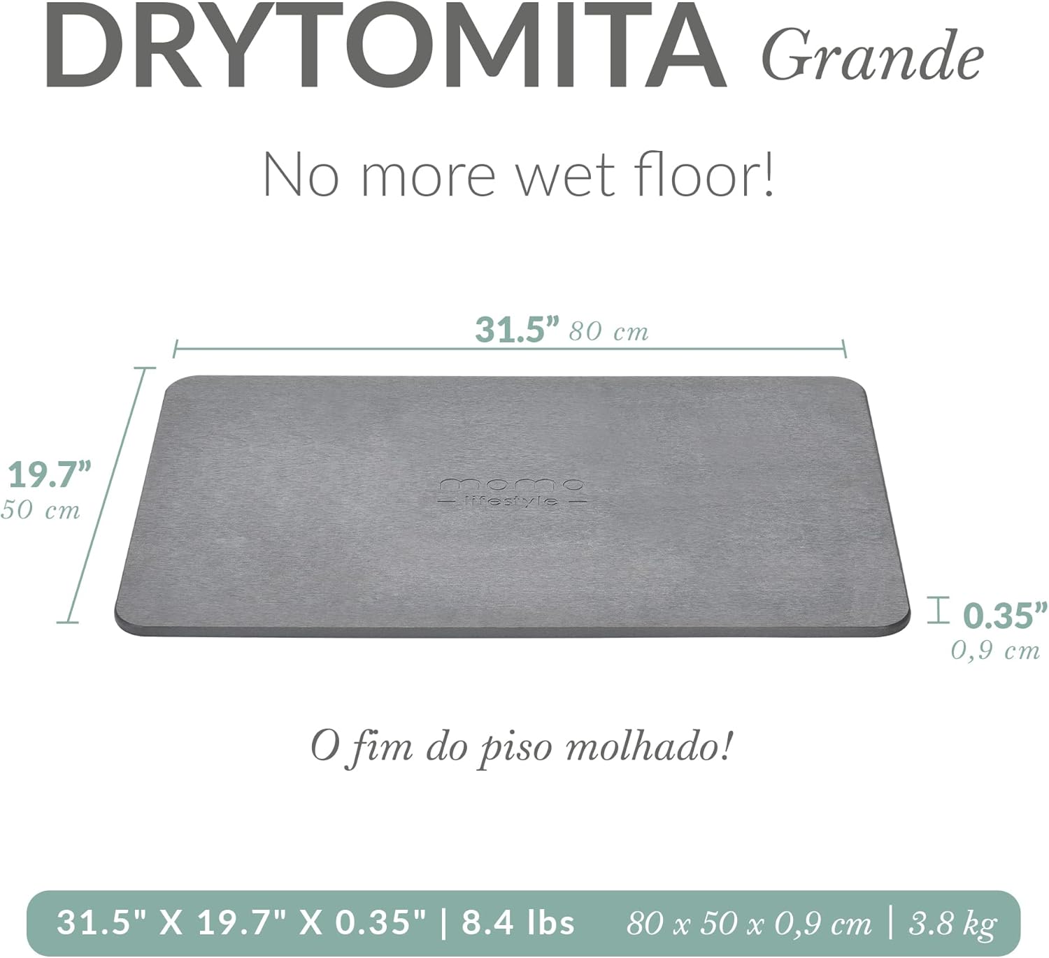 Momo Lifestyle Tapete para Banheiro de Terra Diatomácea Drytomita, Seca Rápido para Saída de Box, Antiderrapante (Cinza Grafite, 80 x 50 cm)