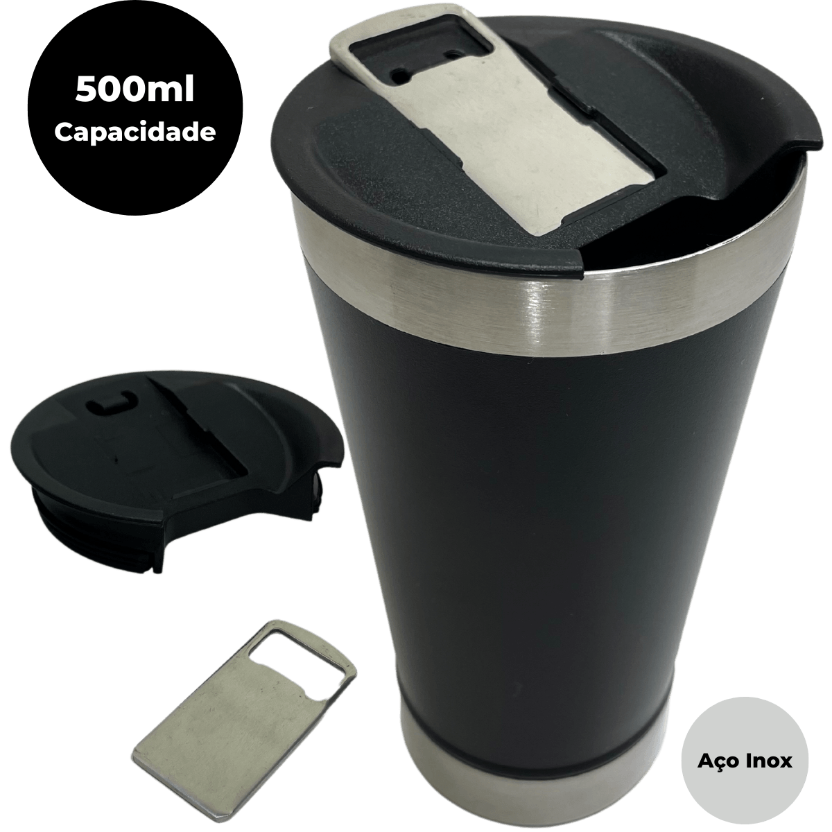 Copo Térmico c/ Tampa e Abridor 500ml Inox Preto