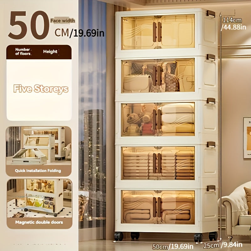 Organizador de Armazenamento Dobrável Multifuncional de 3/4/5 Camadas com Rodas, Design de Porta Dupla Magnética, Forma Retangular de Plástico Impermeável, Sem Montagem Necessária, para Sala de Estar, Quarto, Escritório, Roupas, Brinquedos, Livros