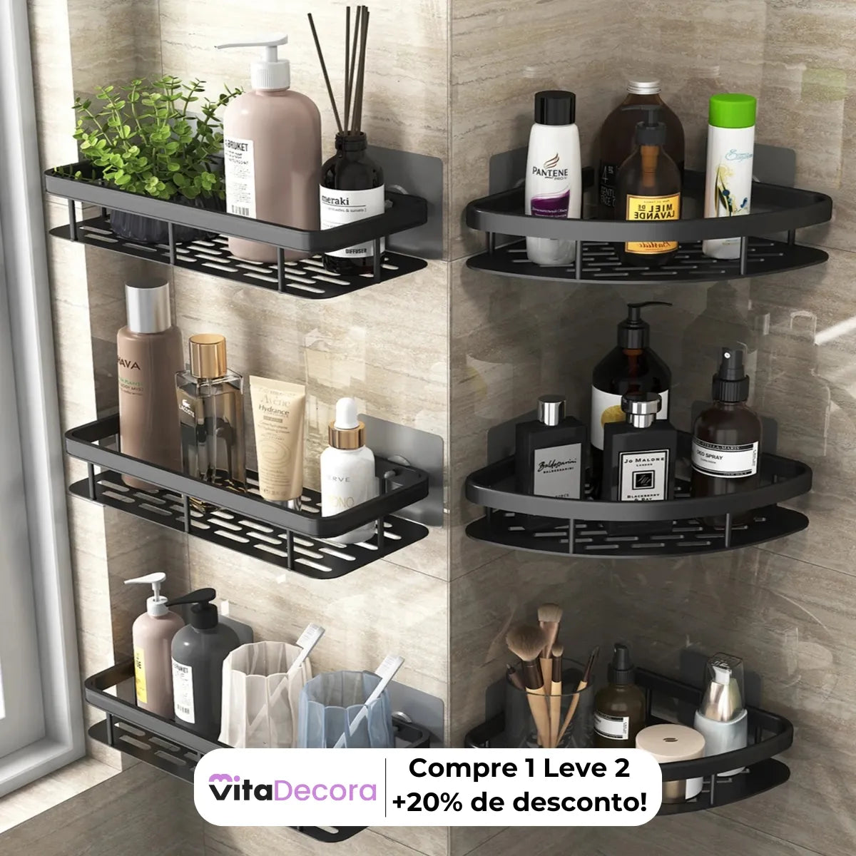 Prateleira Suporte Porta Shampoo Multiuso Organizador em Alumínio + 2 Adesivos ProFix™ de BRINDE!